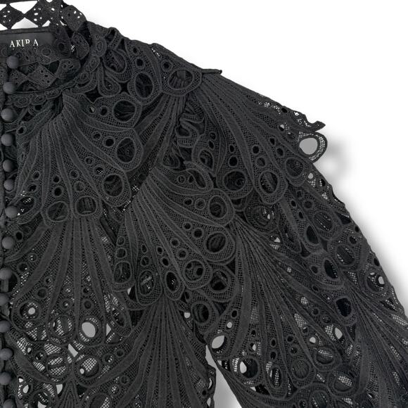 Akira Sheer Eyelet Cutout Shirt High Collar Bell Sleeve Womens Sz Medium Black - Picture 3 of 7